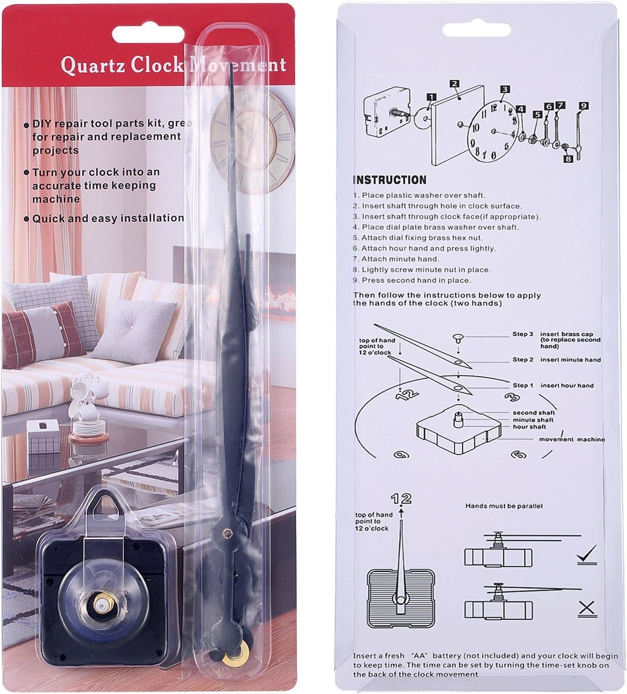 Quartz Clock Movement Replacement Parts Long Hands Silent Indoor Wall Mount
