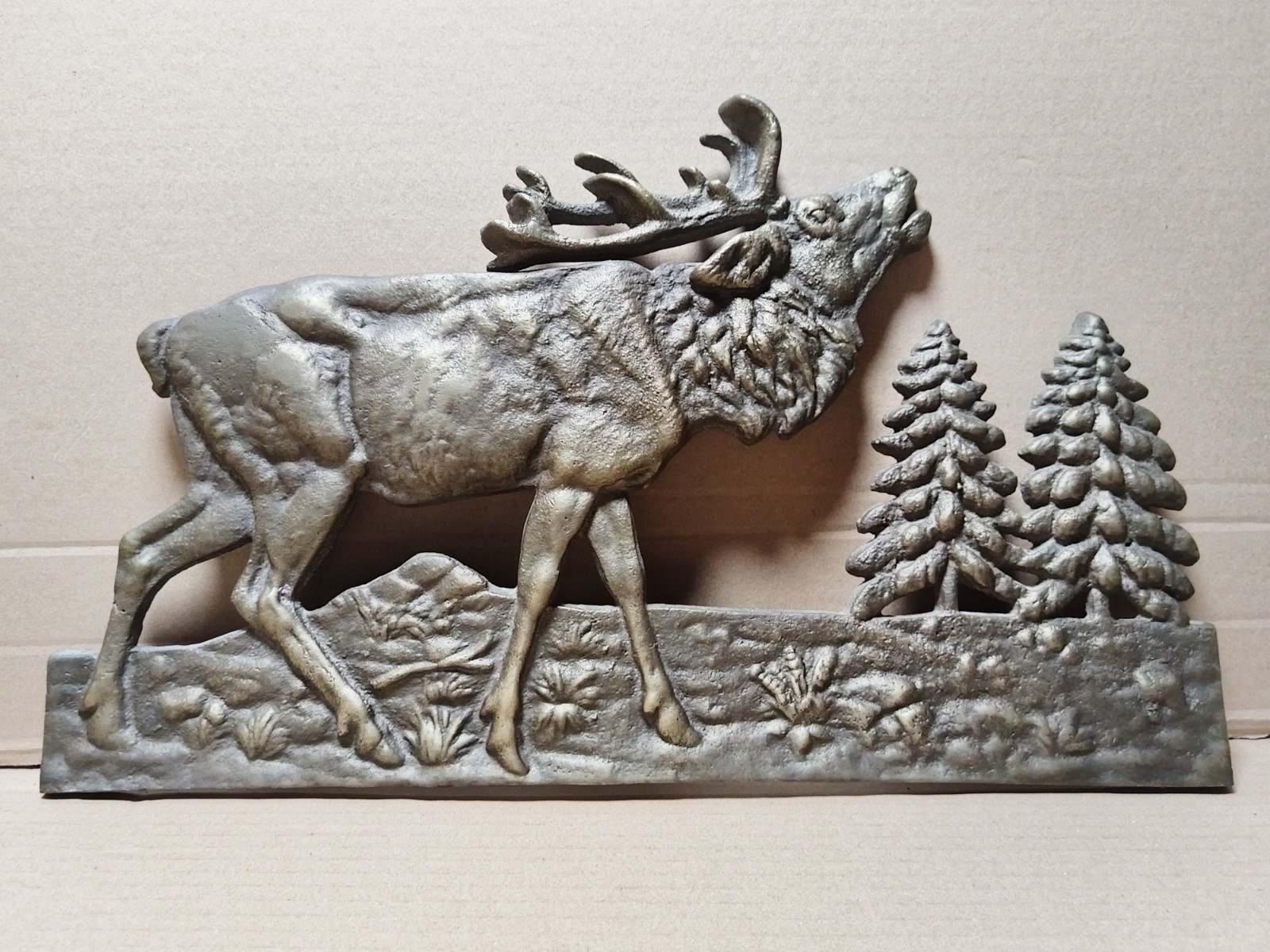 VINTAGE SOLID BRASS DEER WALL PLAQUE BAS-RELIEF ROARING STAG HUNTING ART 3KG