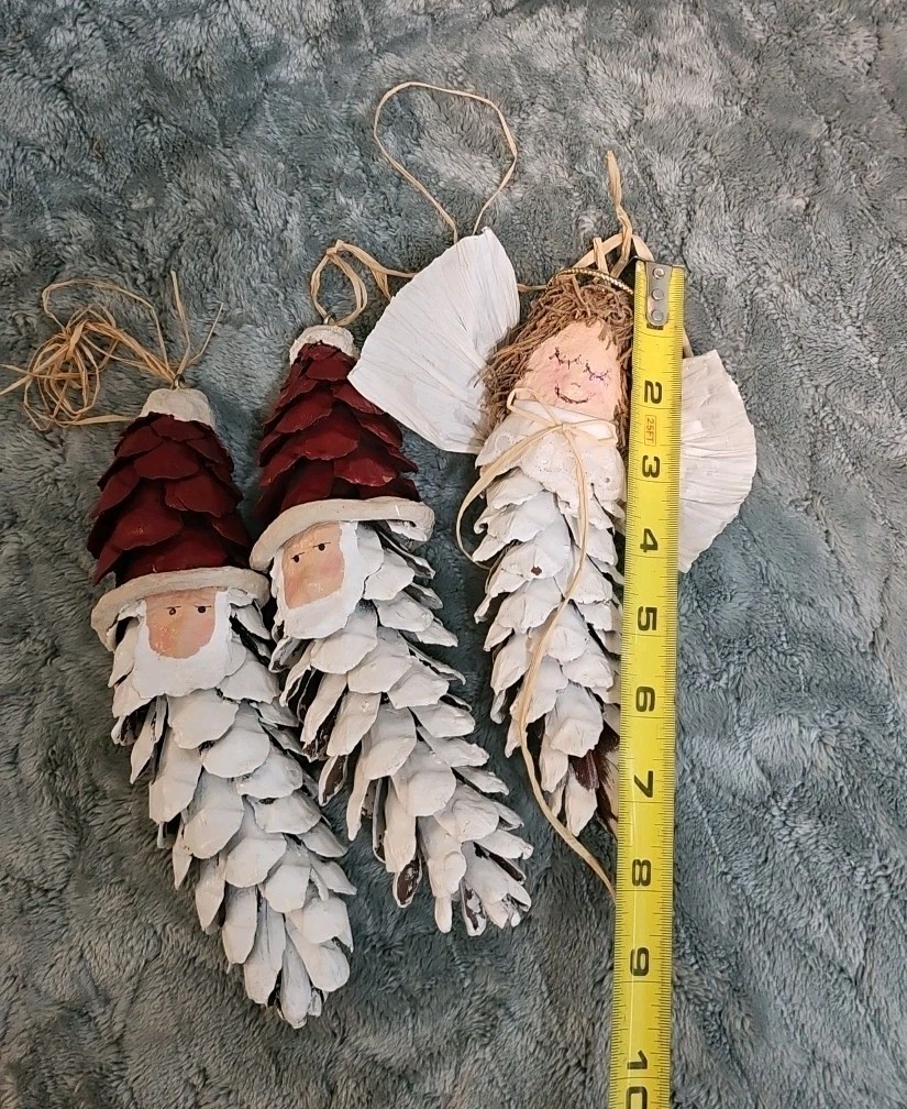 VTG Christmas Pinecone 8″ Tall Ornaments Handmade 2 Santa & 1 Angel Made In USA