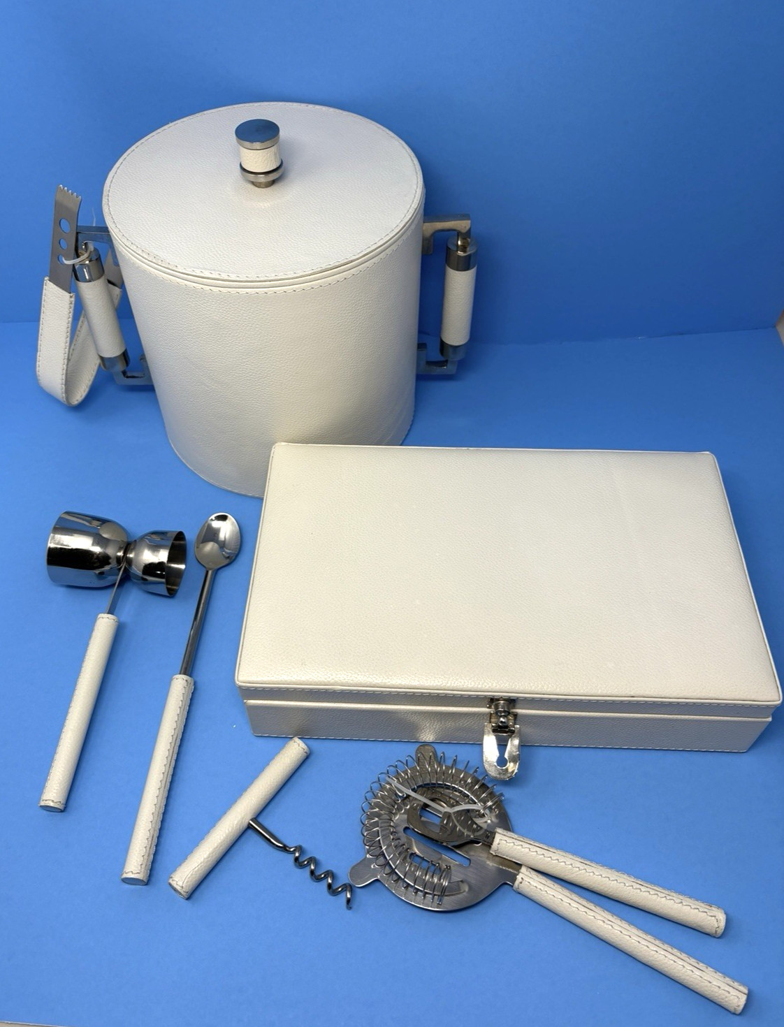 Global Views Retro Ice Bucket And Bar Tool Case Leather Nickel Plated Stainless