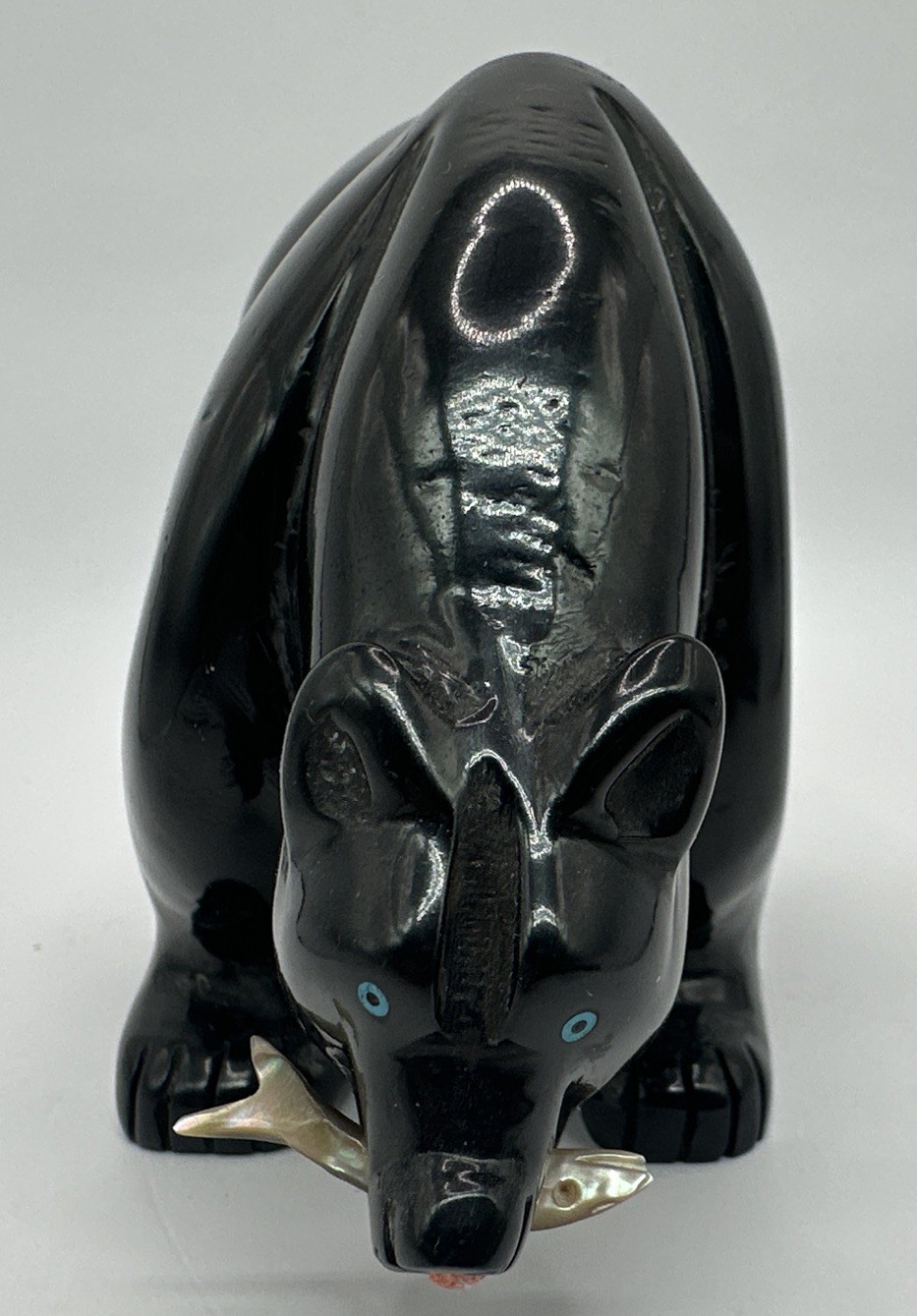 Herbert Davis Large Jet Black Bear Carved Fetish MOP Fish 3.25″ x 5″ Navajo