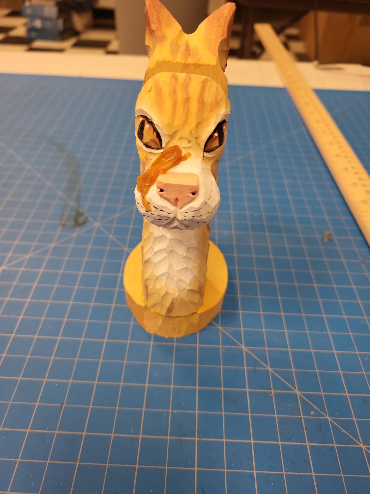 Cat Peepers Figurine Wooden Carving Folk Art Whimsical Decor Animal Sculpture