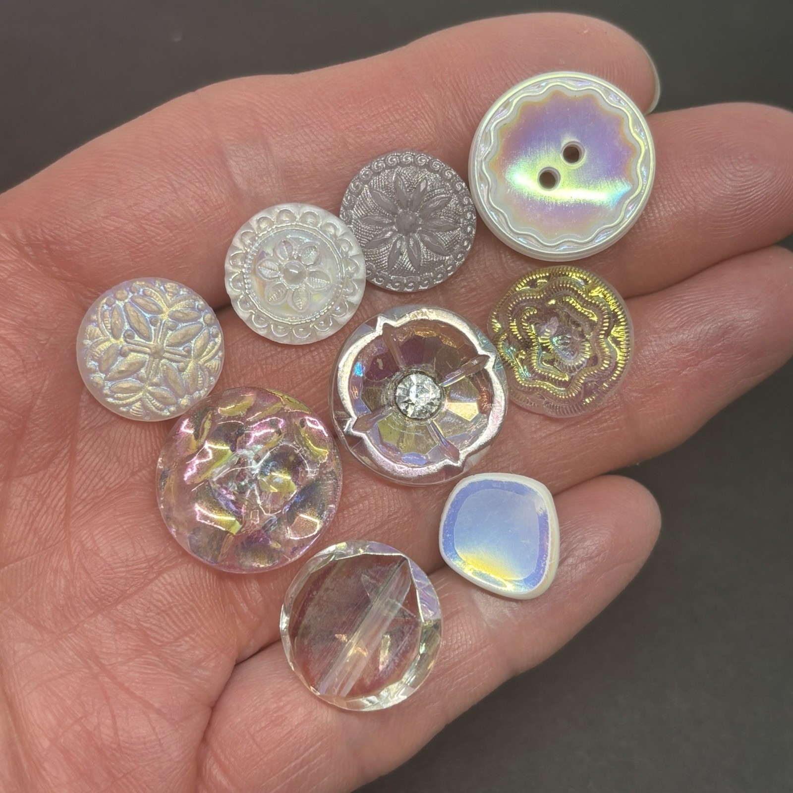 Vintage Glass Button Lot Iridescent Multicolor Czech Yellow Pink Rhinestone
