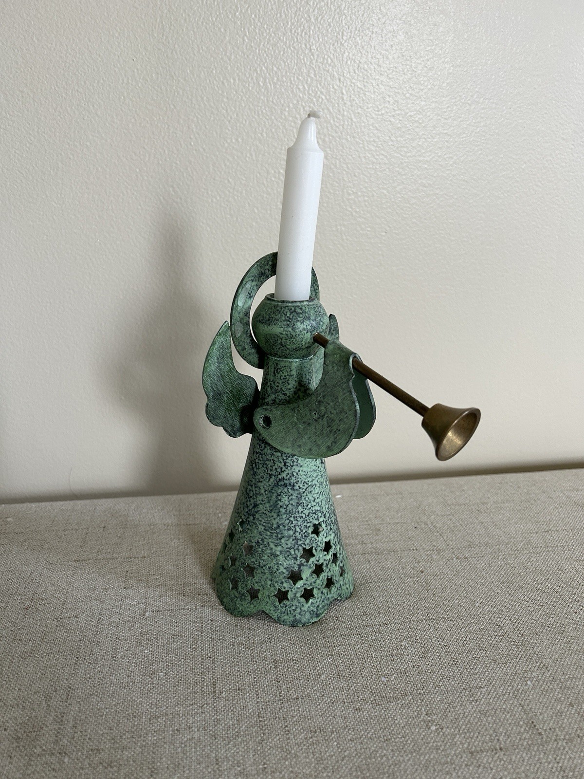 Archana Crafts Green Cast Angel w/Trumpet Taper Candle Holder – Made in India