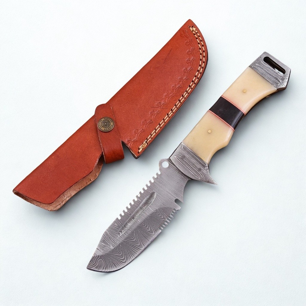 Damascus Steel Hunting Knife Fixed Blade Sawback Skinner Bone Handle w/ Sheath