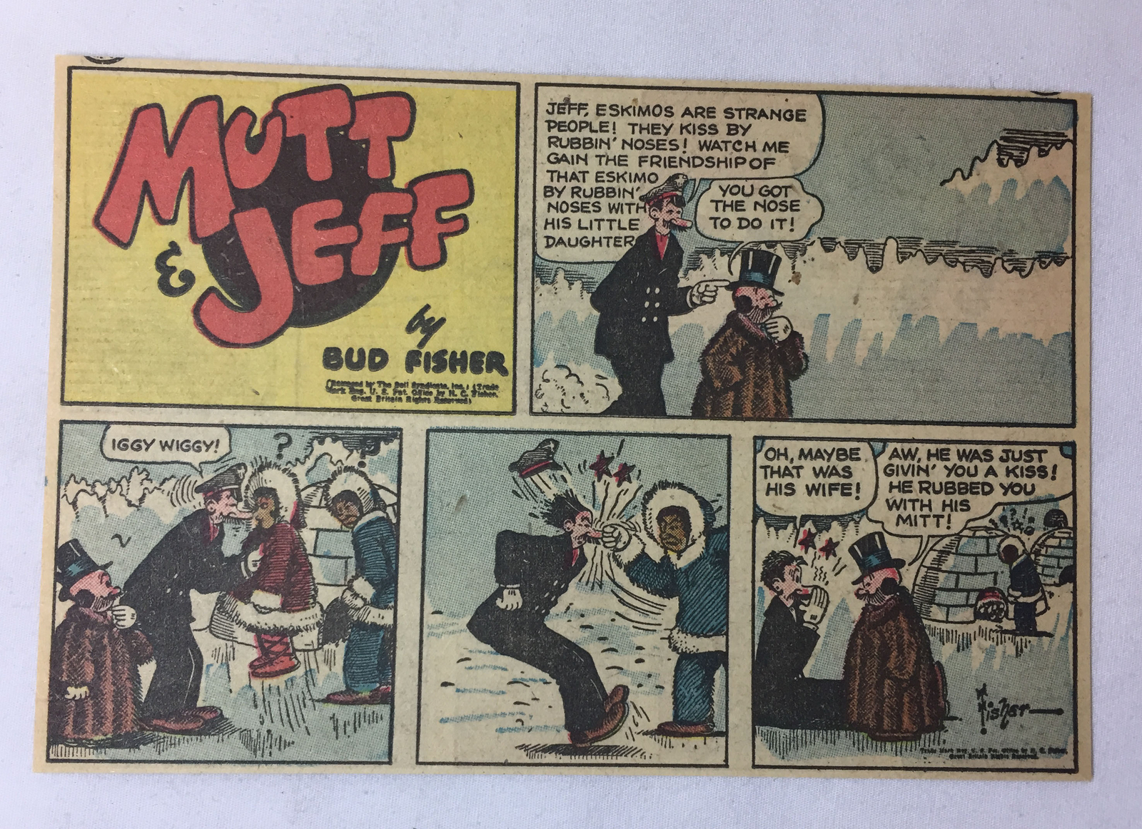 1950 Mutt+Jeff cartoon ~ PUNCHED IN THE FACE BY AN ESKIMO ~ 4.5×6