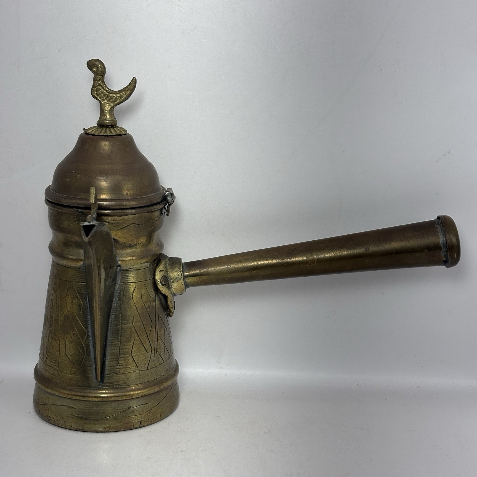 Vintage Brass Arabic/Turkish Dallah Coffee Pot Hinged Lid Bird Finial READ