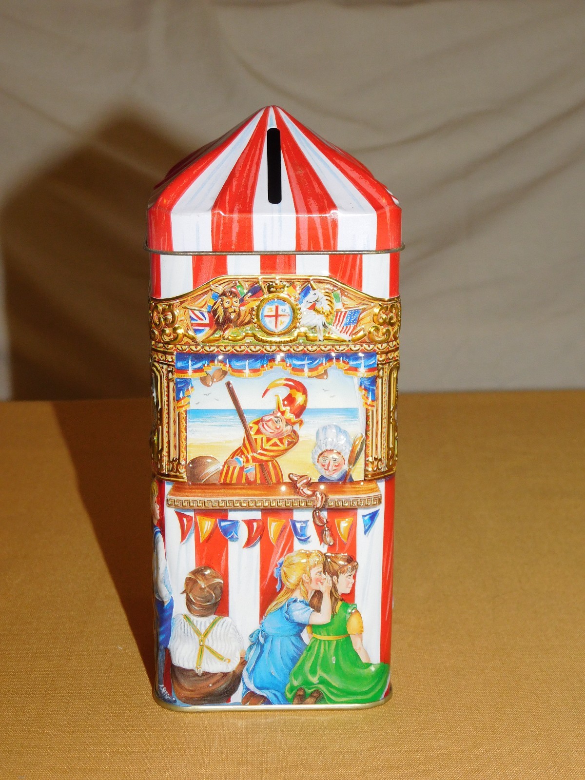 7 1/2″ HIGH CHURCHILL’S THE PUPPET SHOW CIRCUS METAL CANDY TIN BANK *EMPTY*