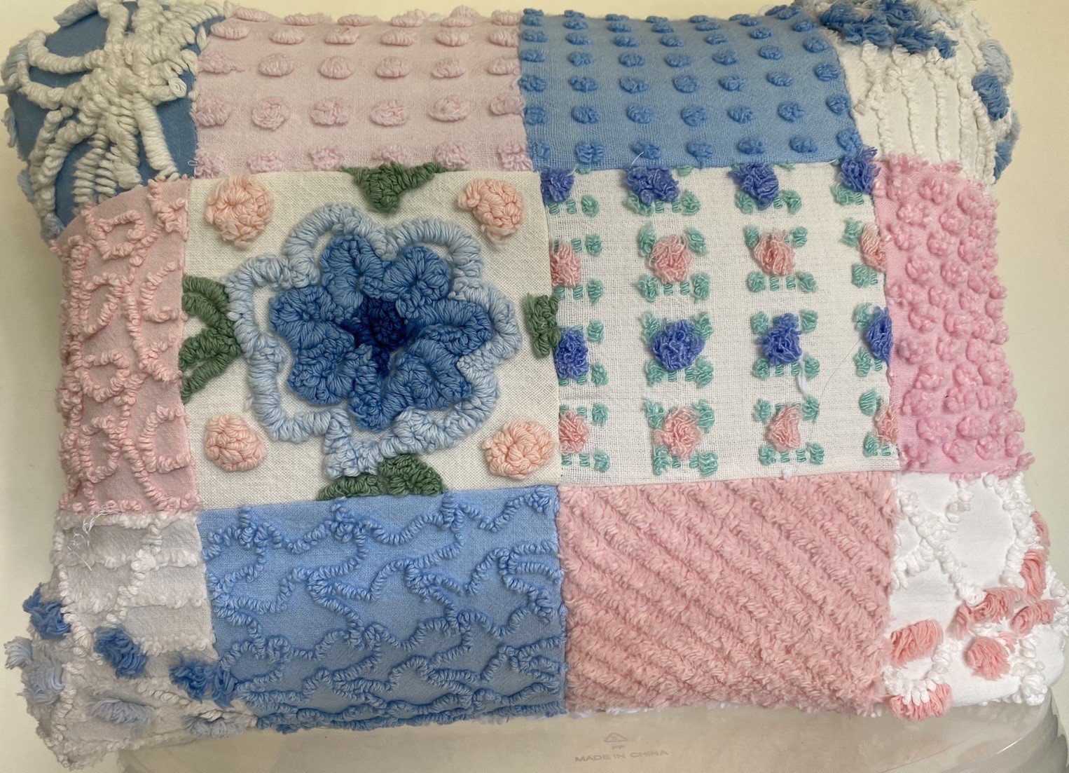 Blue & Pink Cabin Craft Flower Throw Pillow Case From Chenille Bedspread 12×16”