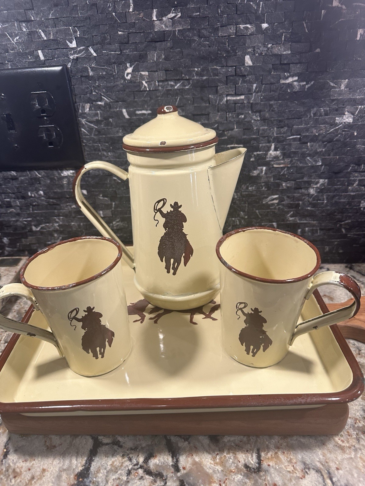 Vintage Cowboy Enamelware Coffee Pot Cups & Tray Horse Western Creative Co-Op