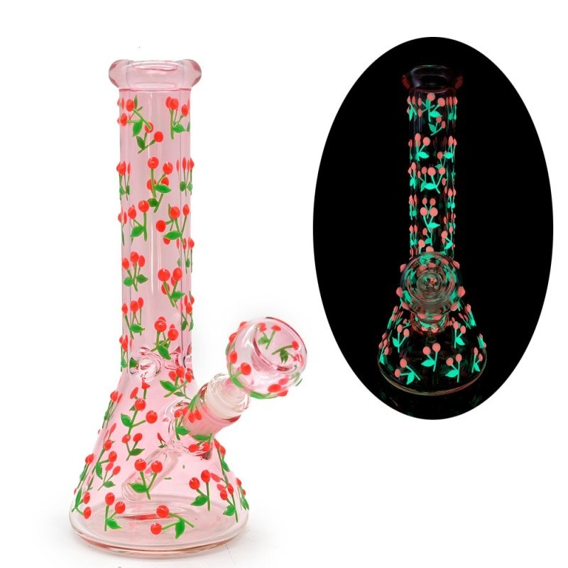 Girly Pink 10″ Glass Bong Cherry Glow in the Dark Smoke Beaker Water Pipe USA