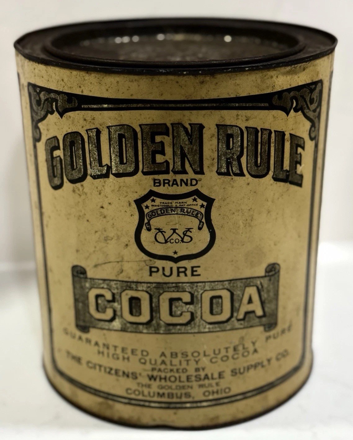 VTG Golden Rule Cocoa Round Tin 5 Pounds Yellow Black 8” Columbus OH C