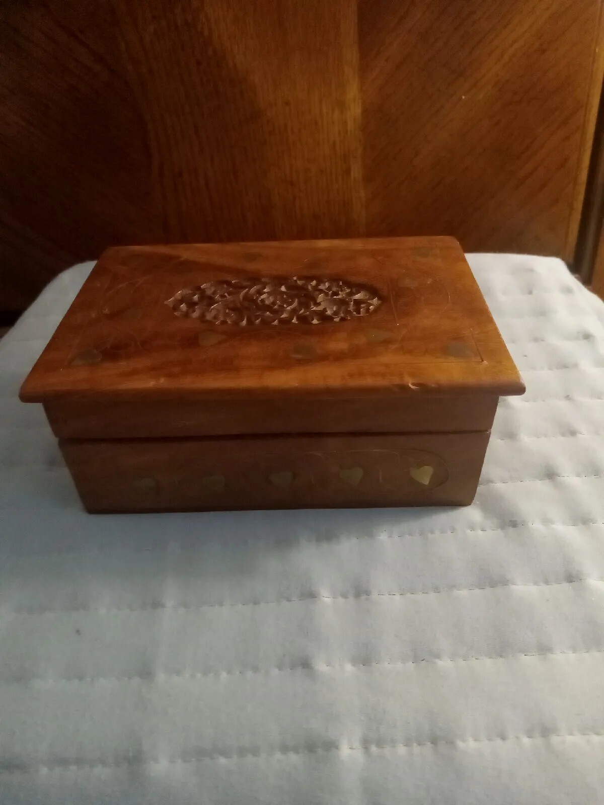 VINTAGE WOODEN TRINKET/JEWELRY BOX WITH BRASS INLAY BY ARCHANA CRAFTS INDIA