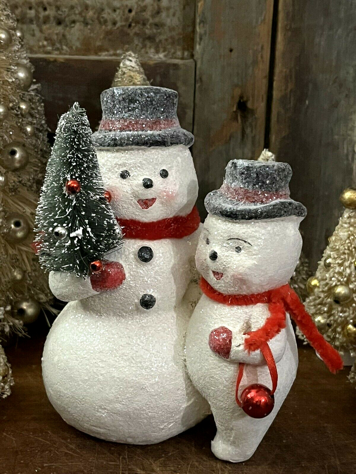 Paper Mache Frosty Snowman Pair Vintage Style Mica Snow w Bottle Brush Tree