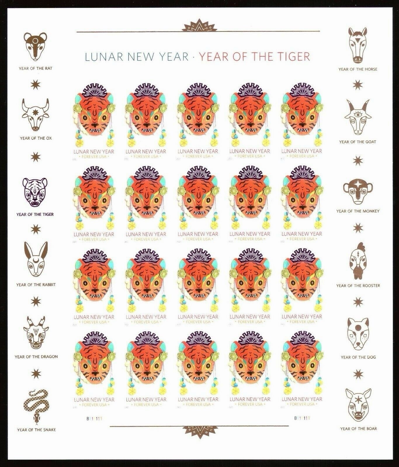 2022 USPS SHEET OF 20 FIRST CLASS LETTER STAMPS LUNAR NEW YEAR- TIGER 78¢