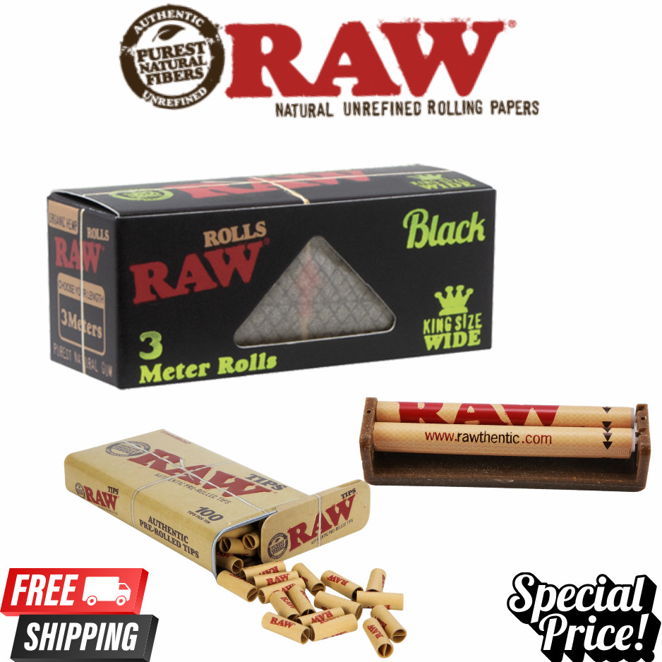 RAW Black Organic King Size Wide 3 Meter Roll 110mm Machine 100 Tips Tin Set