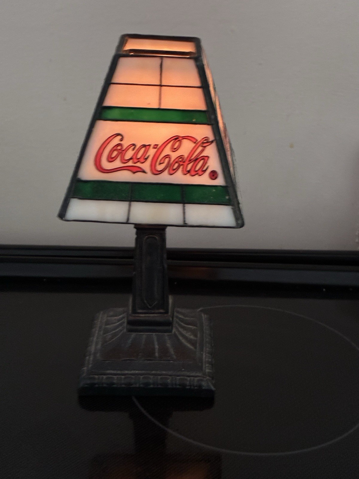 Coca-Cola Soda Theme Table Lamp Stained Glass Style Shade, Black Base