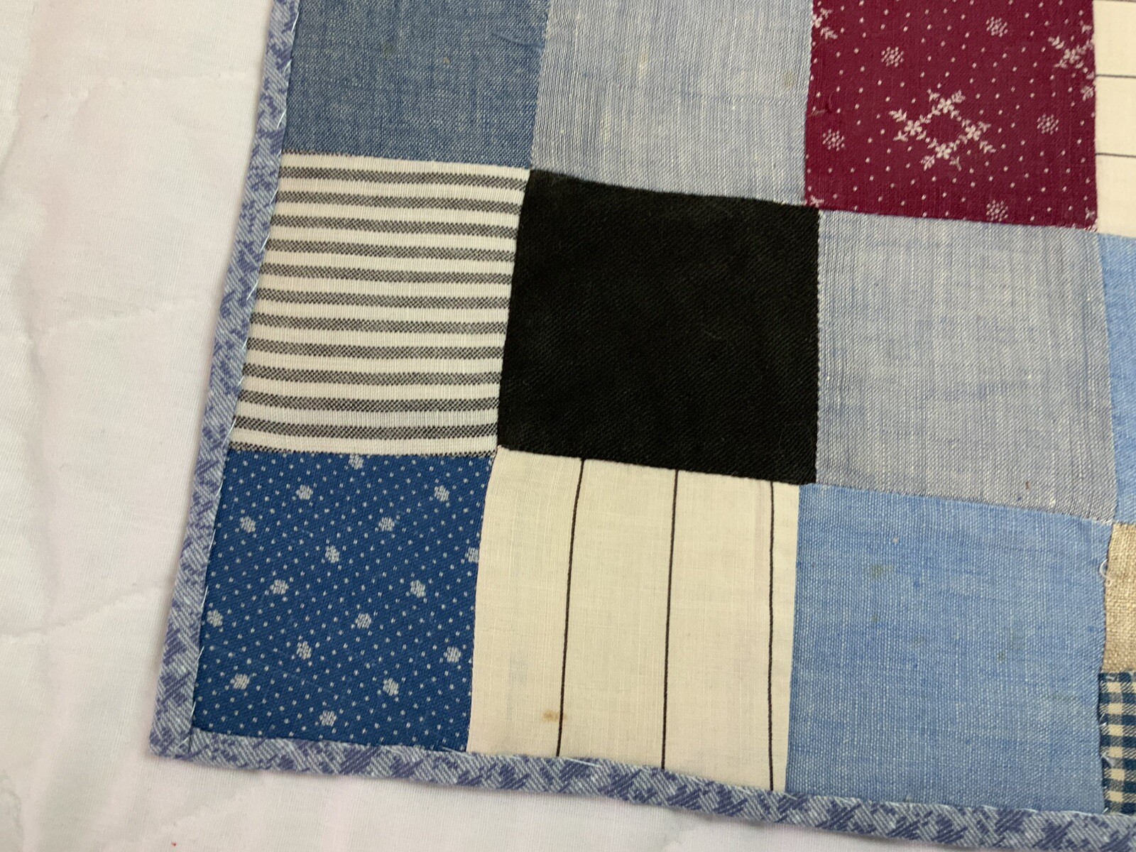 Vintage Antique Patchwork Quilt Table Topper, Four Patch, Early Calicos, Blue