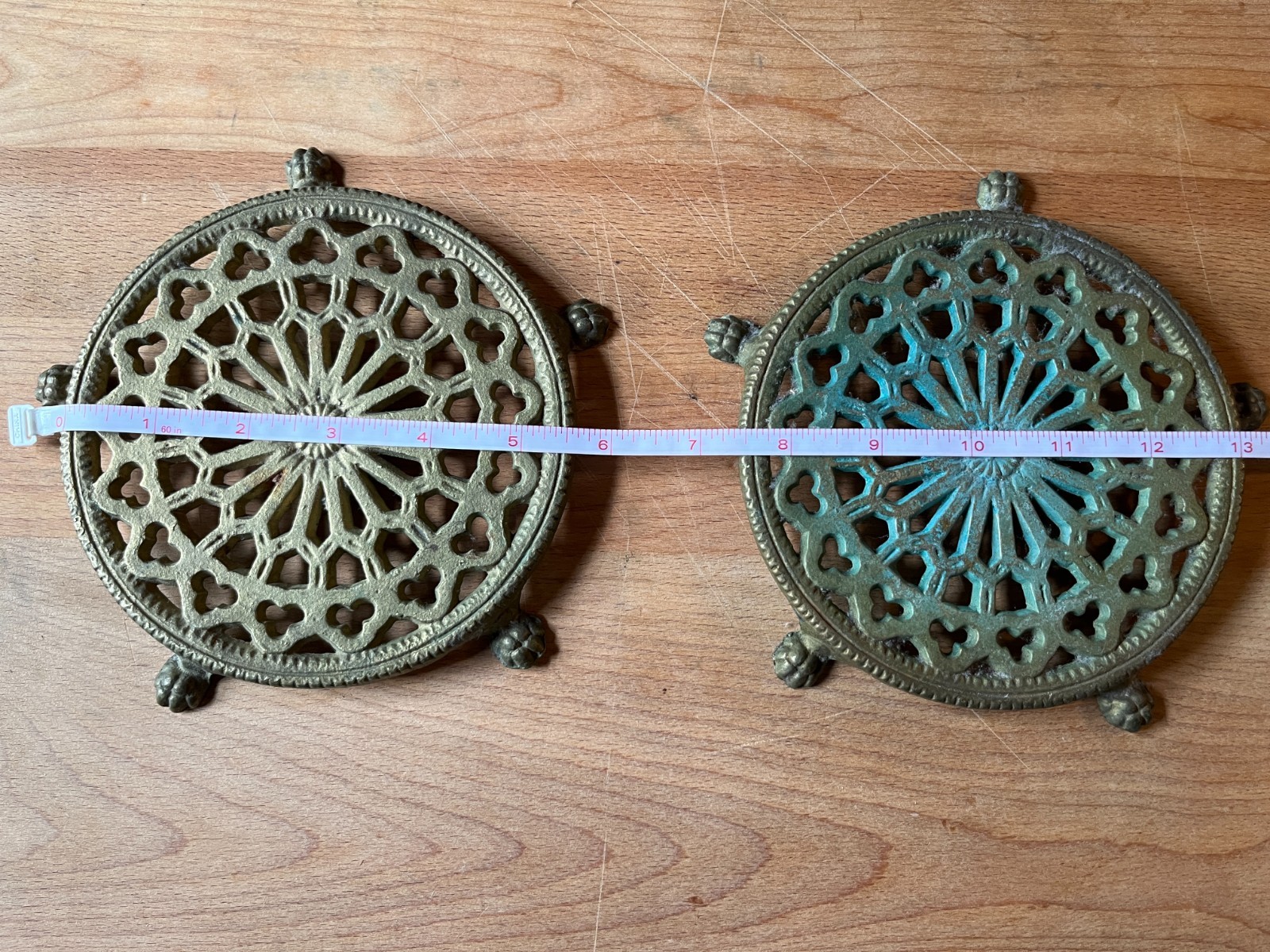 Vtg Solid Brass Trivets (2) Gothic Rosette Lion Paw Feet 1960s US 6” Approximate