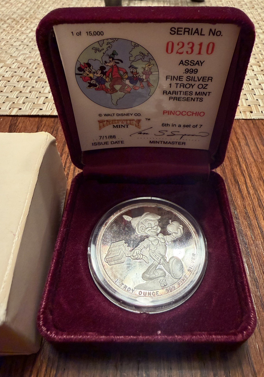 1988 Disney Around the World “Pinocchio” 1 oz .999 Silver Coin