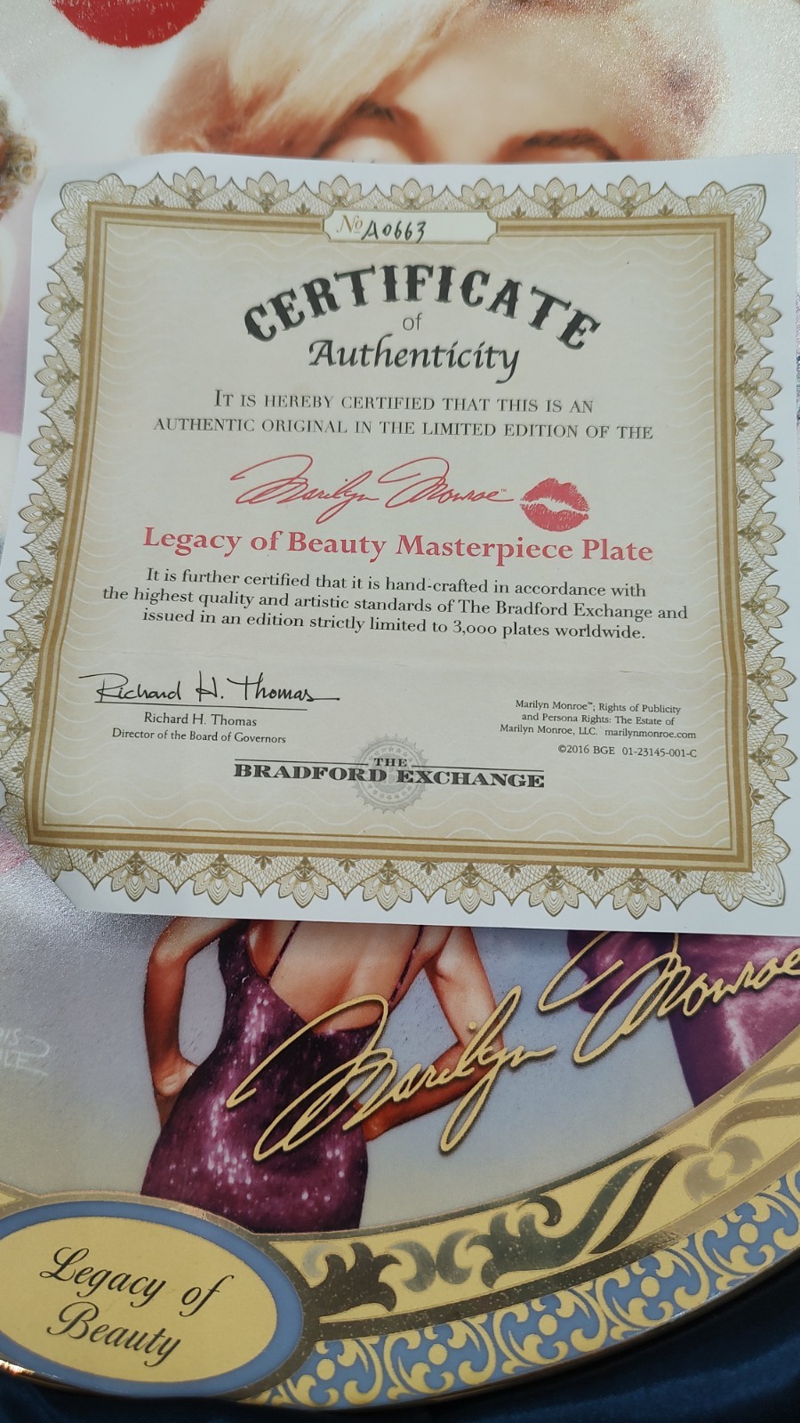 Marilyn Monroe Bradford Exchange 12” Masterpiece Plate Legacy Of Beauty COA Box