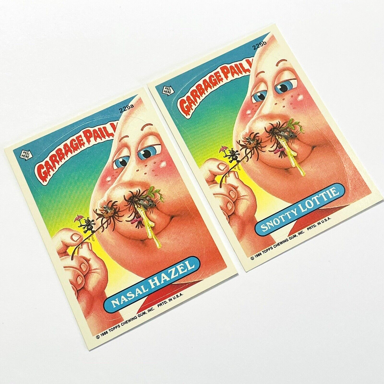 Garbage Pail Kids 225a Nasal Hazel and 225b Snotty Lottie GPK Stickers