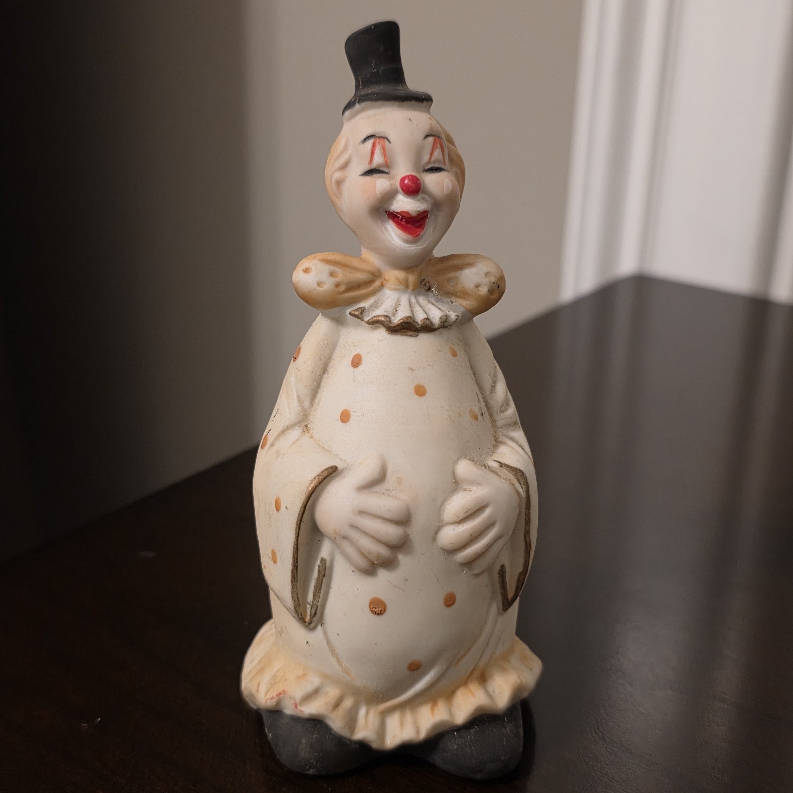 Vintage Bisque Porcelain Happy Big Belly Clown Pale Yellow Bell