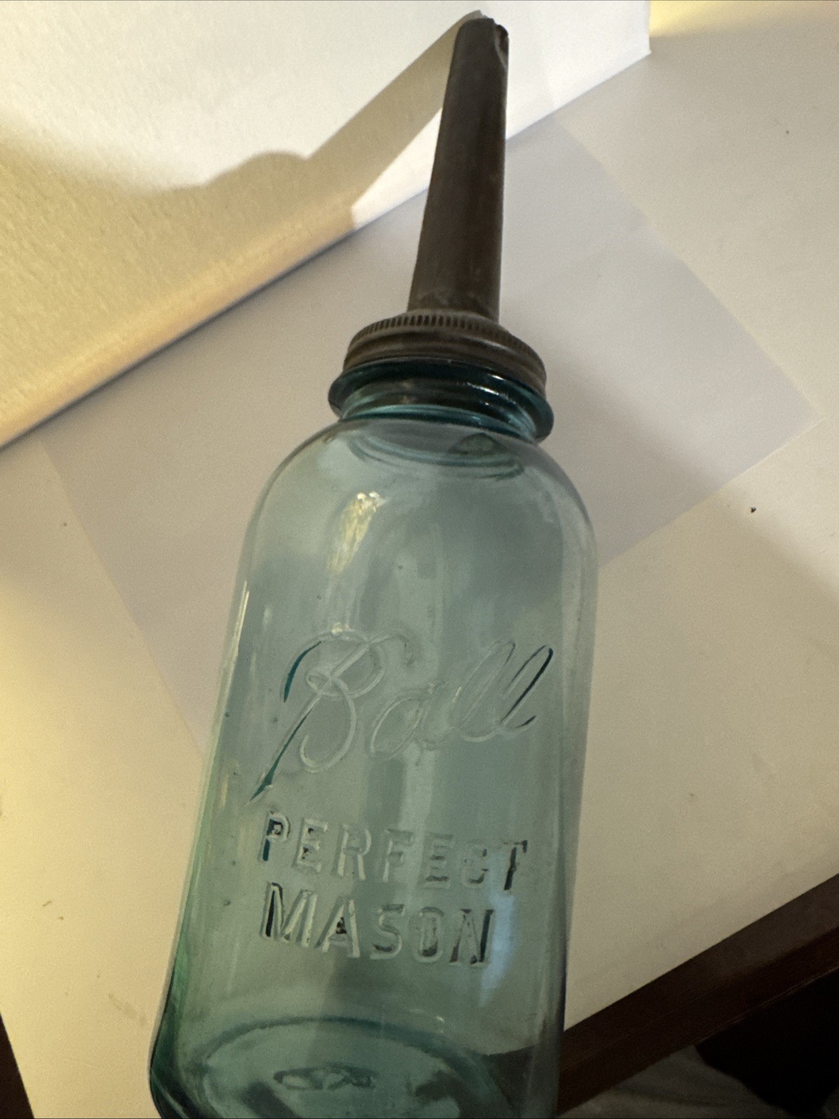 Vintage Oil Spout #8 Blue Ball Perfect Mason Jar 1910-1920 Large Jar Rare Size