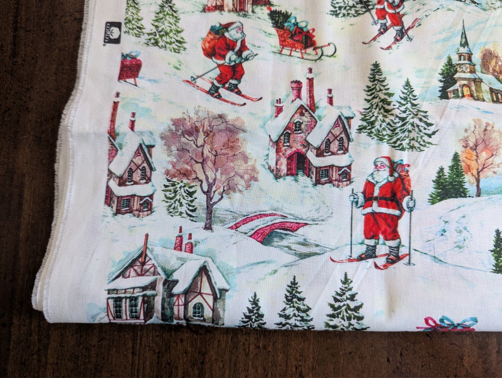 1Yd/43″ 100%Supima Cotton -JOANN- White print w/”SANTA skiing Outside”, NEW BTY