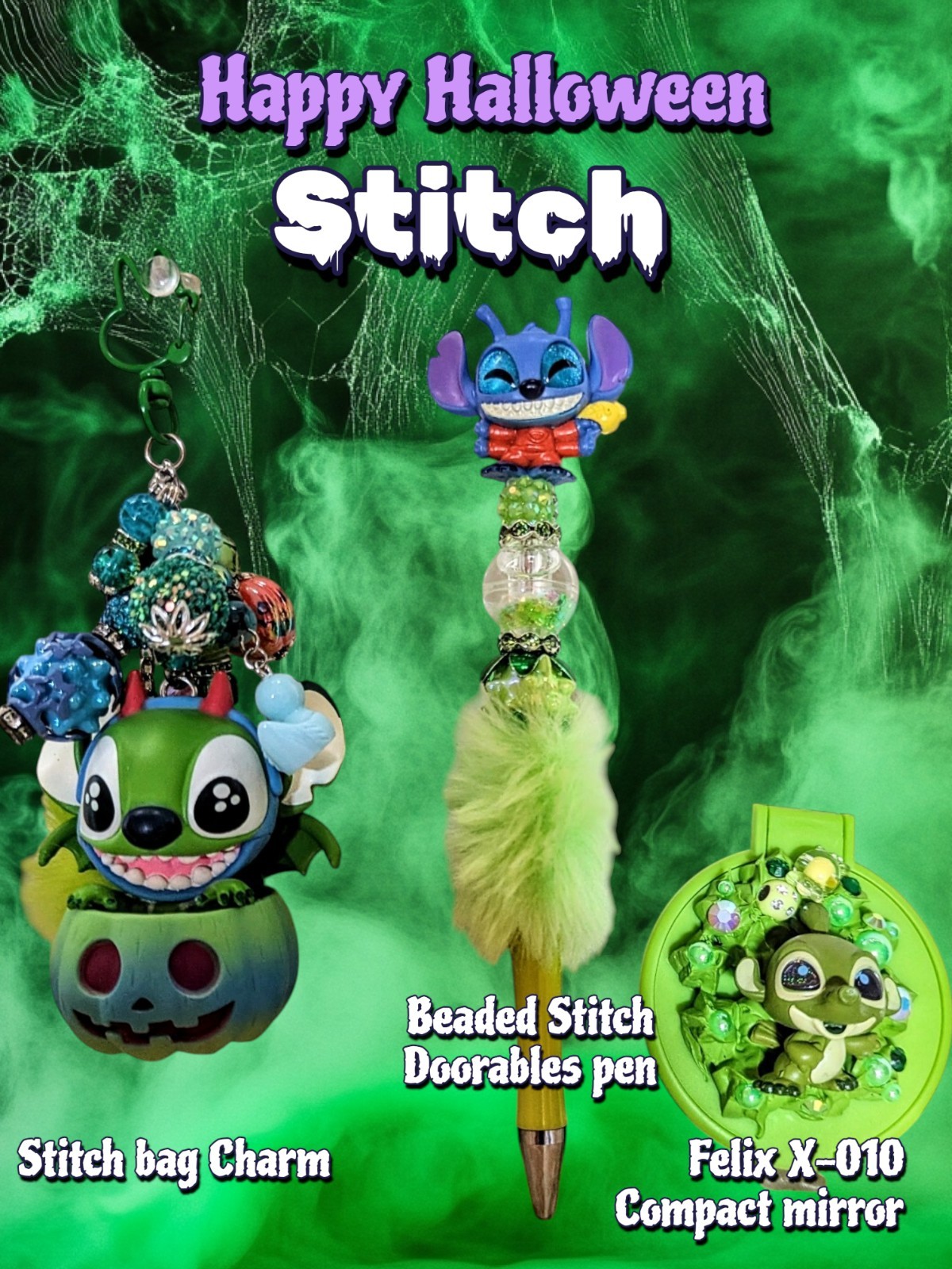 New Stitch Halloween Charm, Pen, & Compact Mirror! Rare! One Of A Kind!