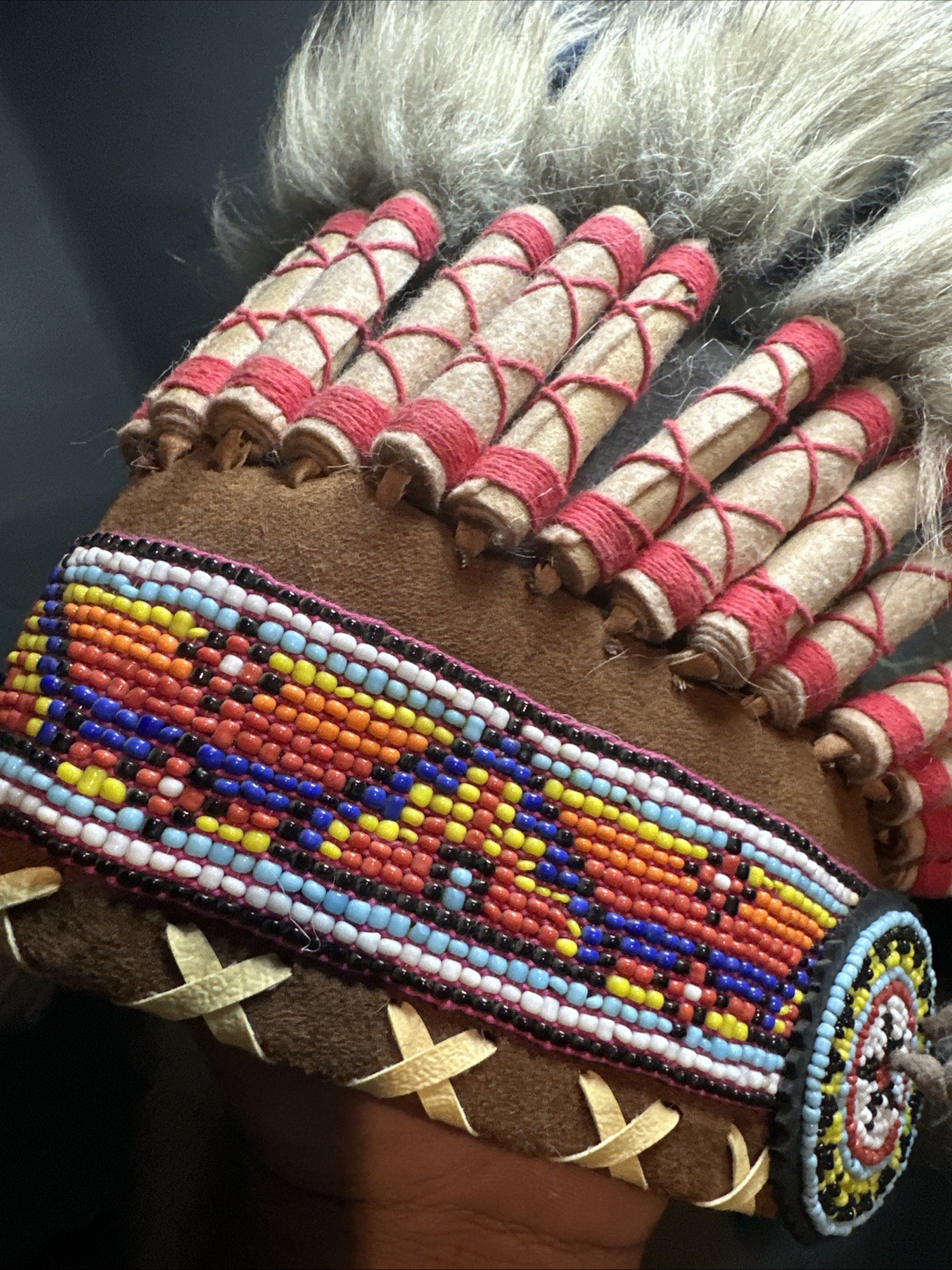 Native American War Indian Warrior Feathered Beaded Ceremonial Headdress