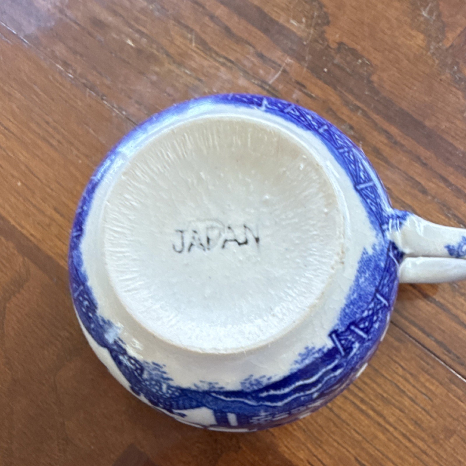 Blue White Asian Pattern Ceramic Tea Cup Painted Decorated Round Handle Japan