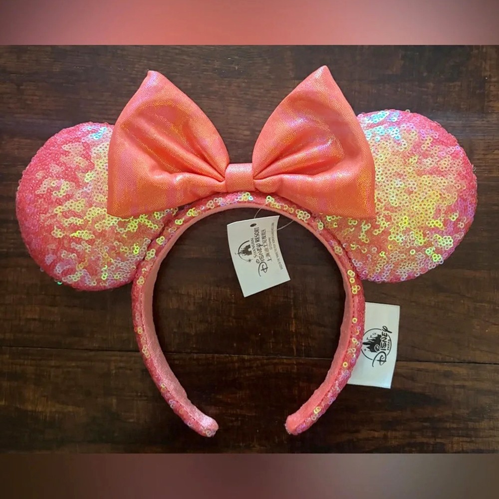 Disney- Parks Orange Red Coral Sequin Minnie Ears Bow Mickey Disneyland Headband