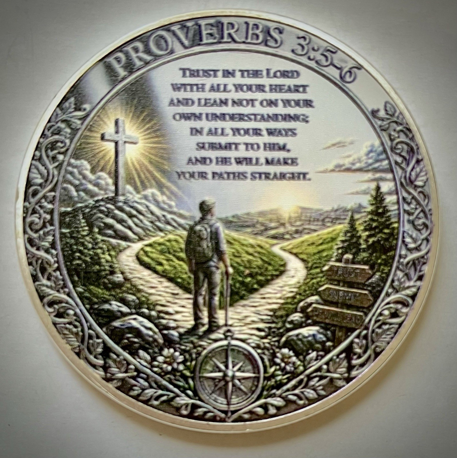 Proverbs 3:5-6 Challenge Coin-2D-Silver Colored-Matte Finish-New-Bible Verse