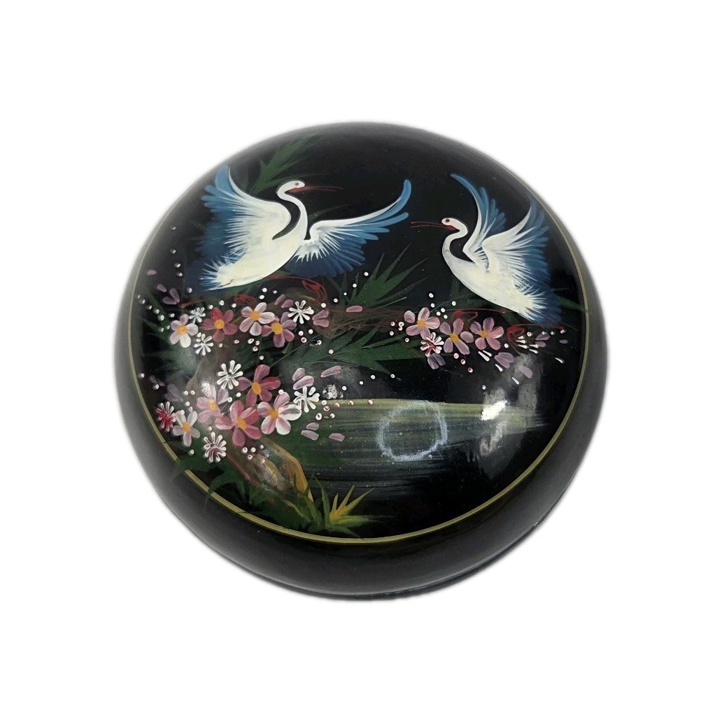 Vintage Black Lacquered Wooden Hand Painted Trinket Jewelry Box Floral Birds