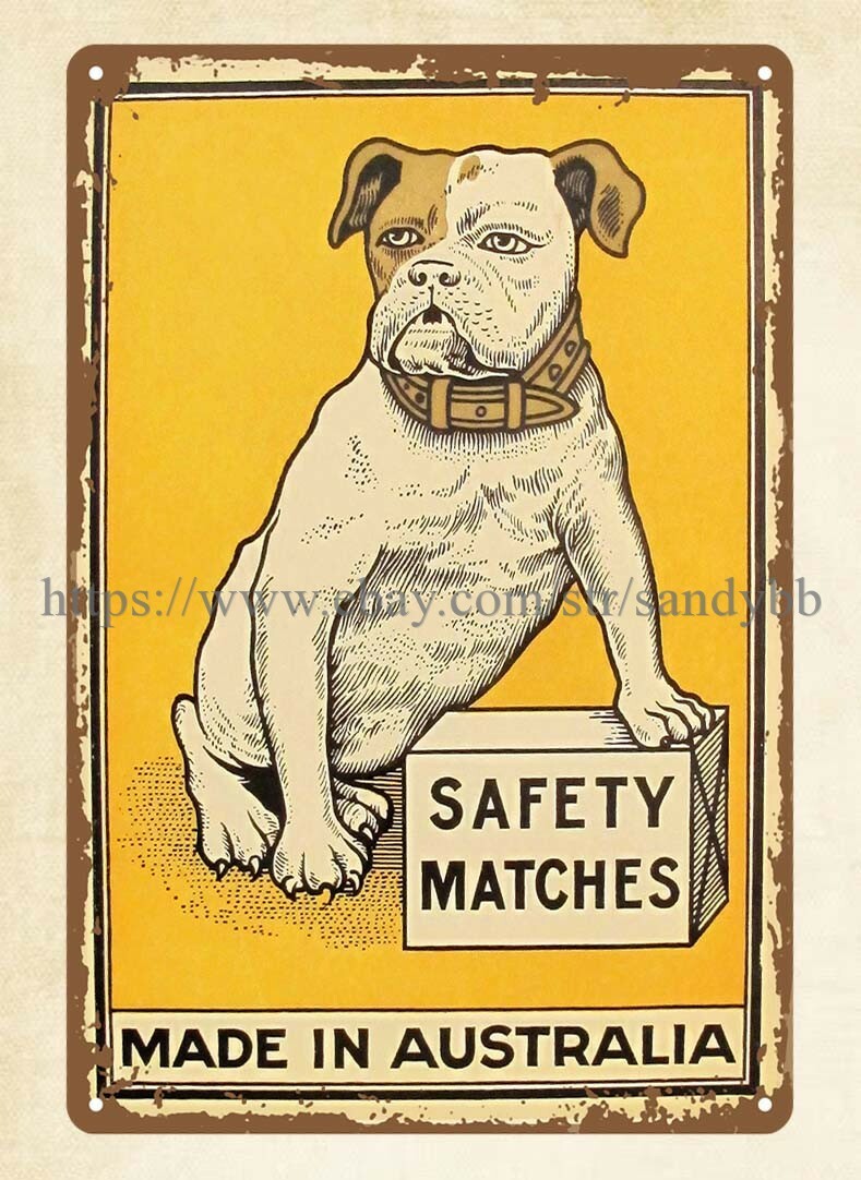 1909 Matchbox Label vintage reproduction Safety Matches Bulldog metal tin sign
