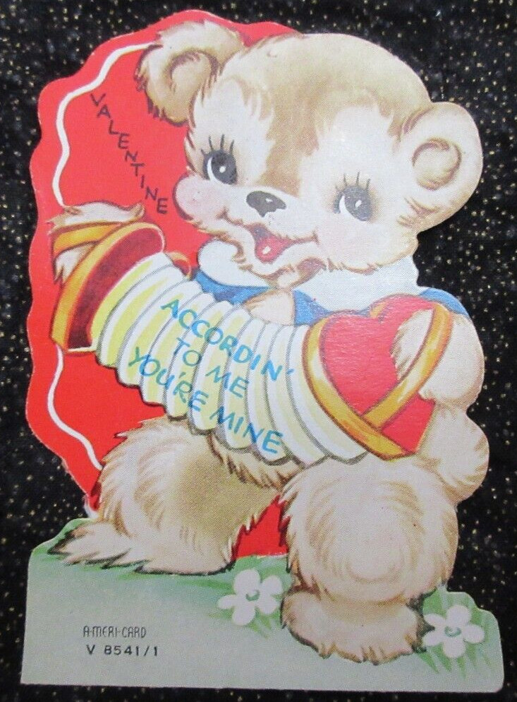 VNTG A-MERI-CARD Valentine Card ANTHROPOMORPHIC BEAR PLAYING ACCORDION Accordin’