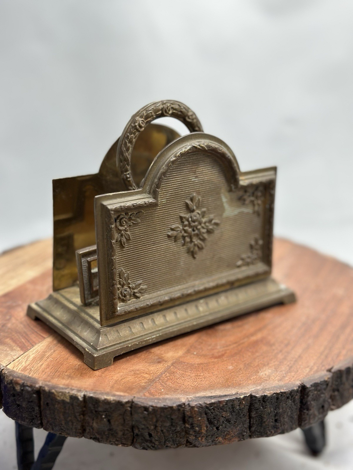 Antique Brass Letter Napkin Holder Slots w Handle Victorian Rococo Style