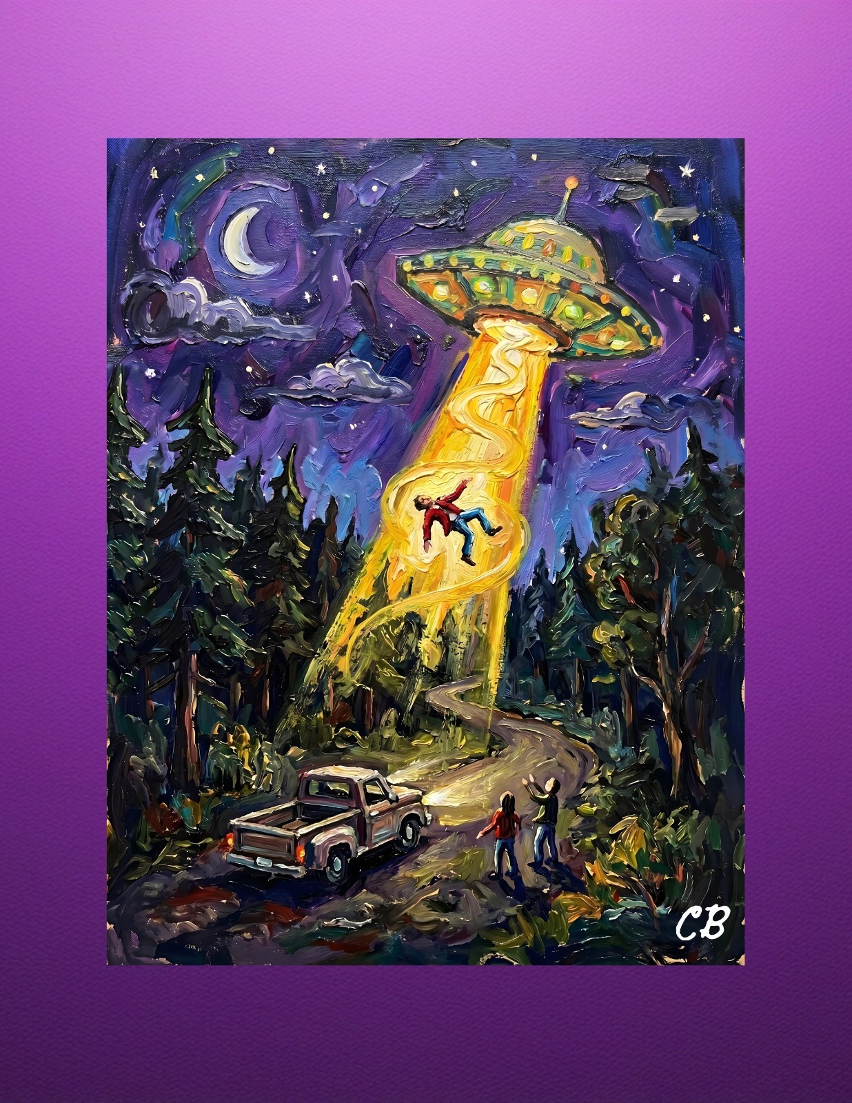 Alien Abduction Beam ACEO Print | UFO Folk Art | Forest Road Sci-Fi Card