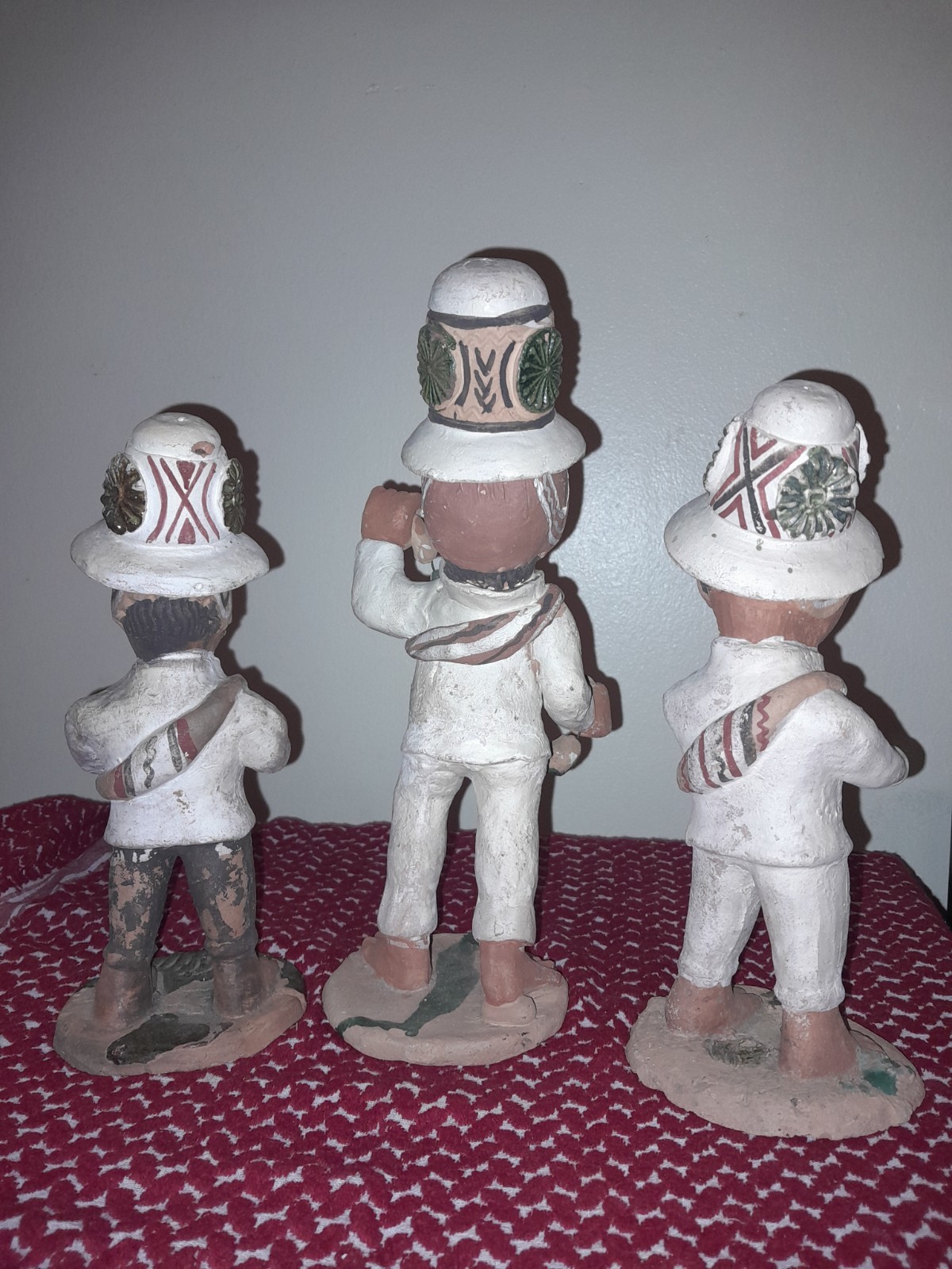 3 Peruvian Folk Art Clay Figurines Hand Crafted/painted. 10 To 12 Inches Tall