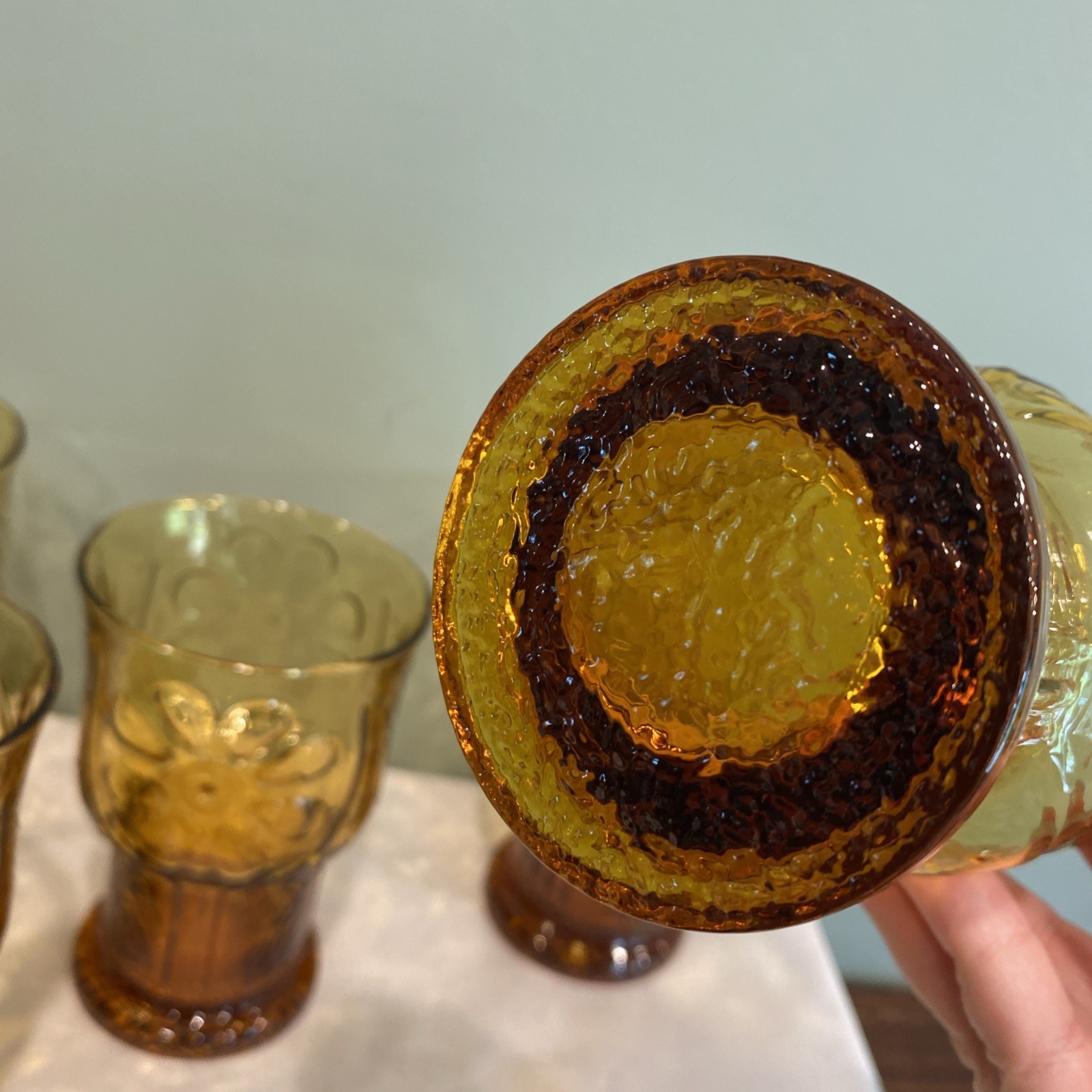Vintage Libbey Daisy Pattern 5” Amber Drinking Glass ‘Country Garden’ Set of 5