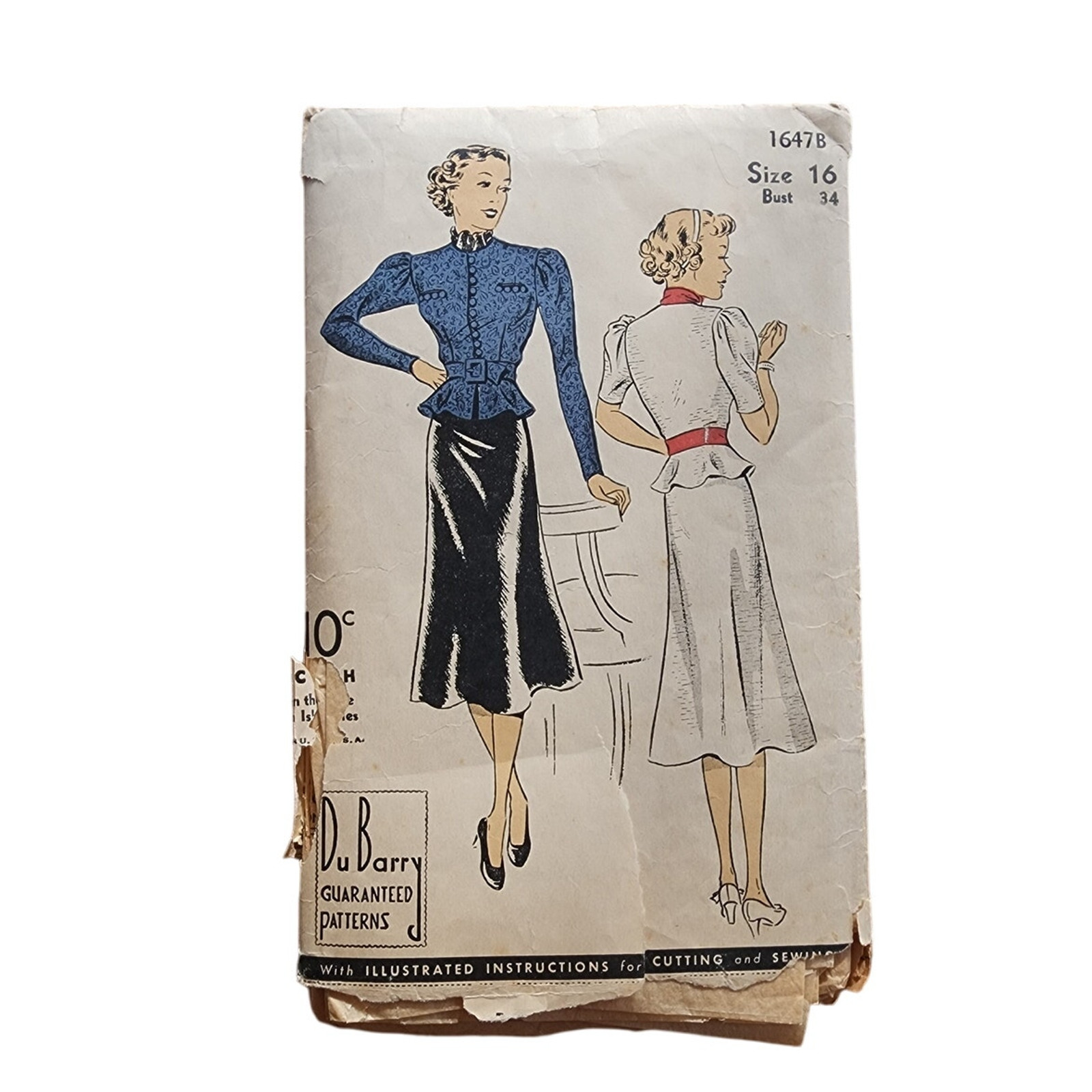 Du Barry Sewing Pattern 1647B Misses Peplum Blouse Skirt UNCUT Vintage 30s
