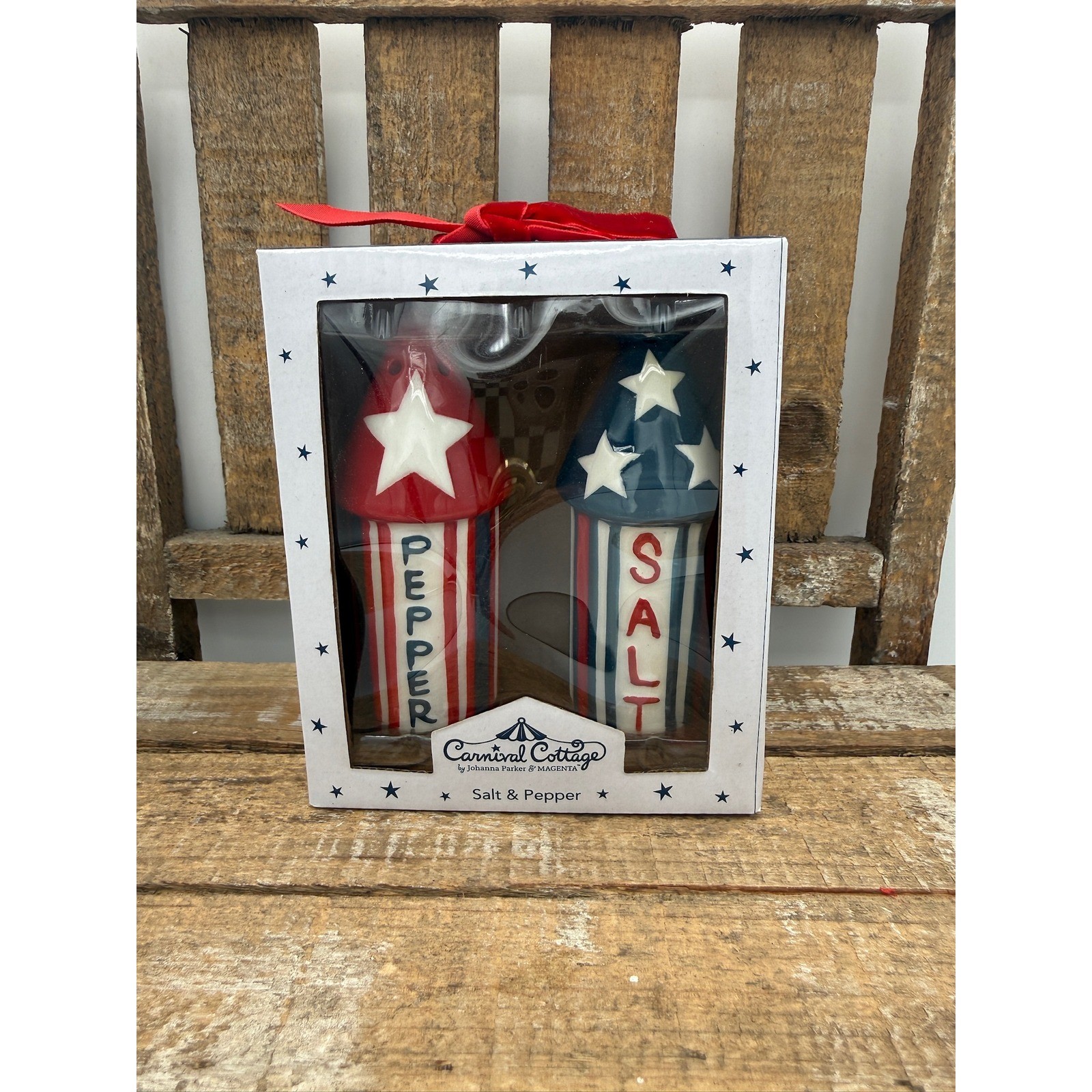 Johanna Parker Salt & Pepper Shakers Unisex OS Red White Blue NEW Fireworks Set