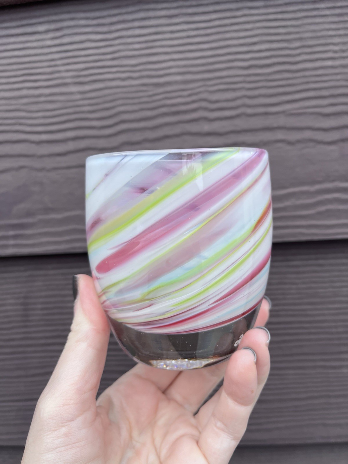 Pirouette Glassybaby – Pink White Green Blue Swirl Votive