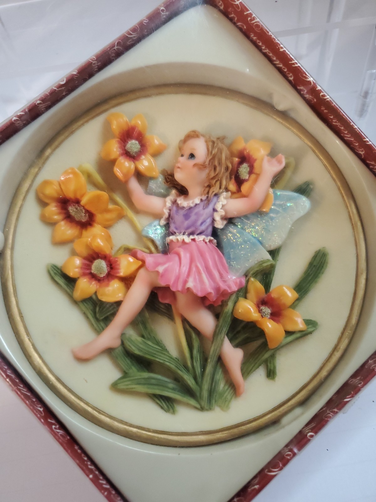 Vintage Fairy Plate 3D Flowers Decor Wall Hanging Collectible Plaque 5.5″