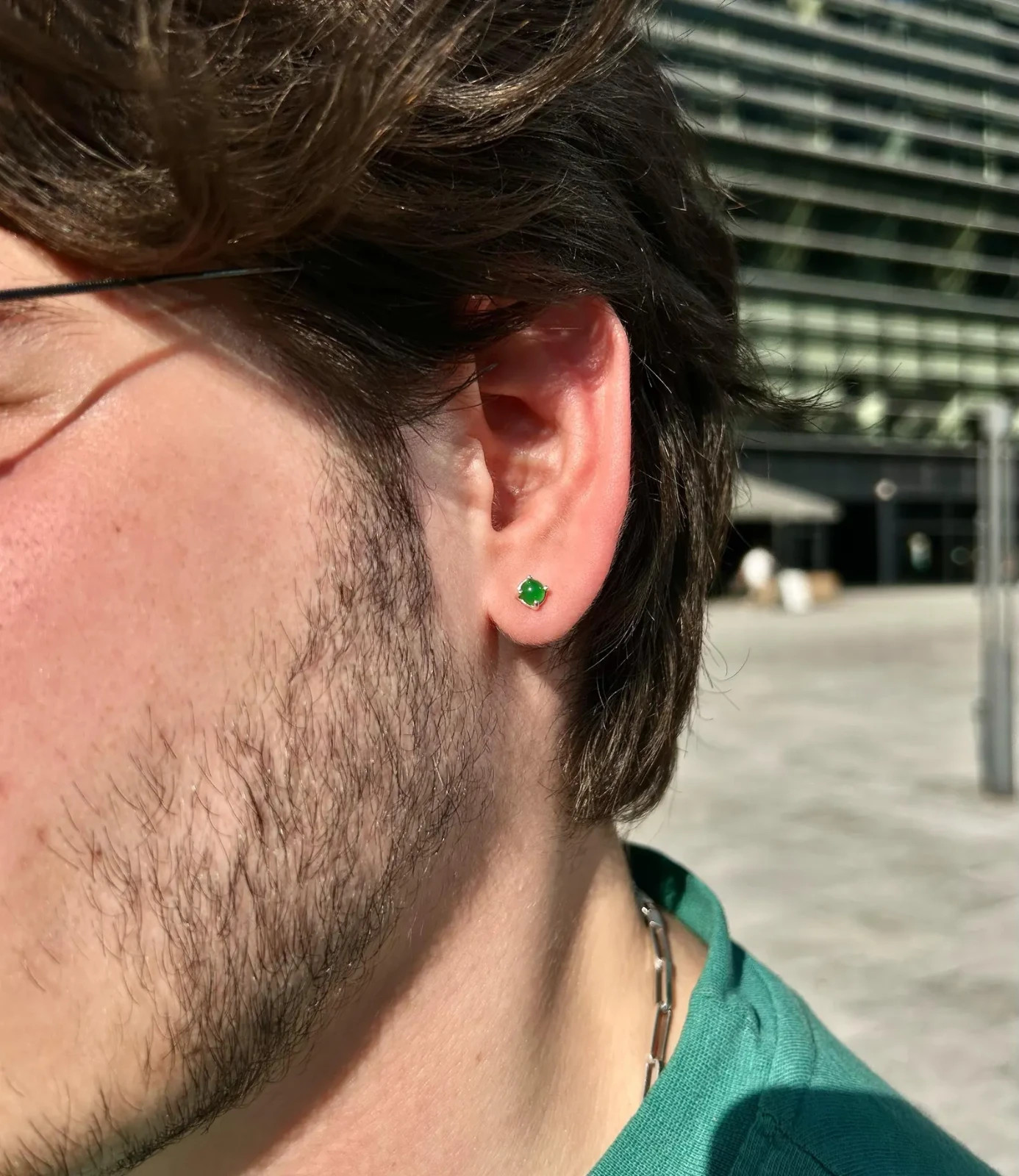 Men’s Green Emerald Cabochon Stone Stud Earrings For Men’s 10K Yellow Gold Over