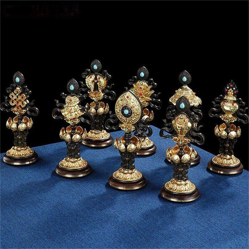 9″ 22cm copper Eight auspicious things statue Tibetan buddhism eight treasures