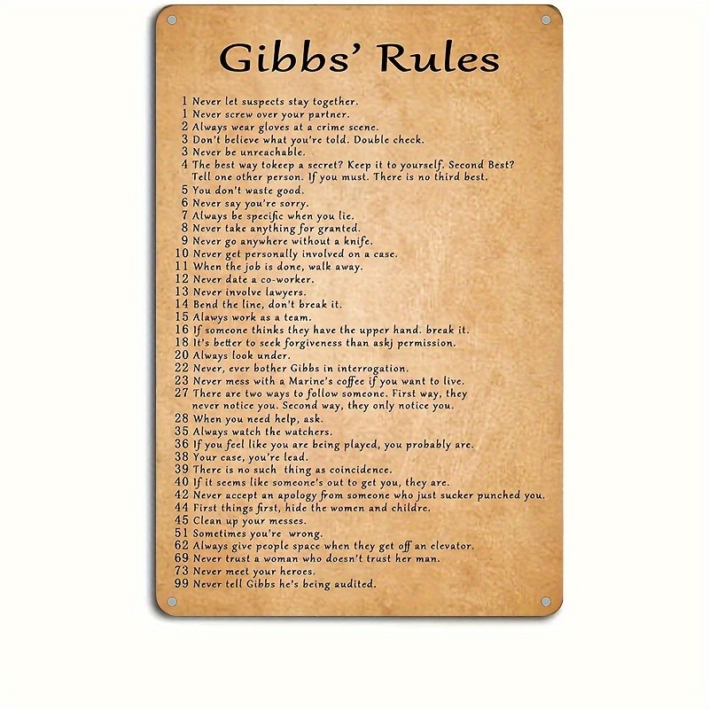 2D Flat – Tin Metal Signs Home Décor, “Gibbs Rules Retro”, Measuring 8X12 Inches