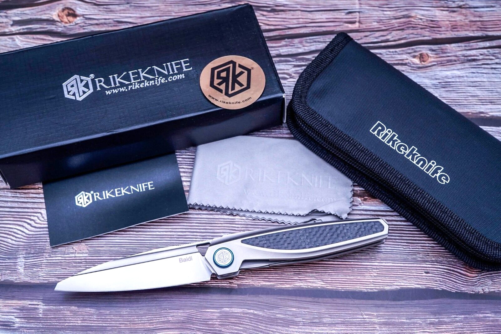 Rike Knife Baidi-P/BCF, Blasted M390, Blasted Titanium W/Carbon Fiber Inlay