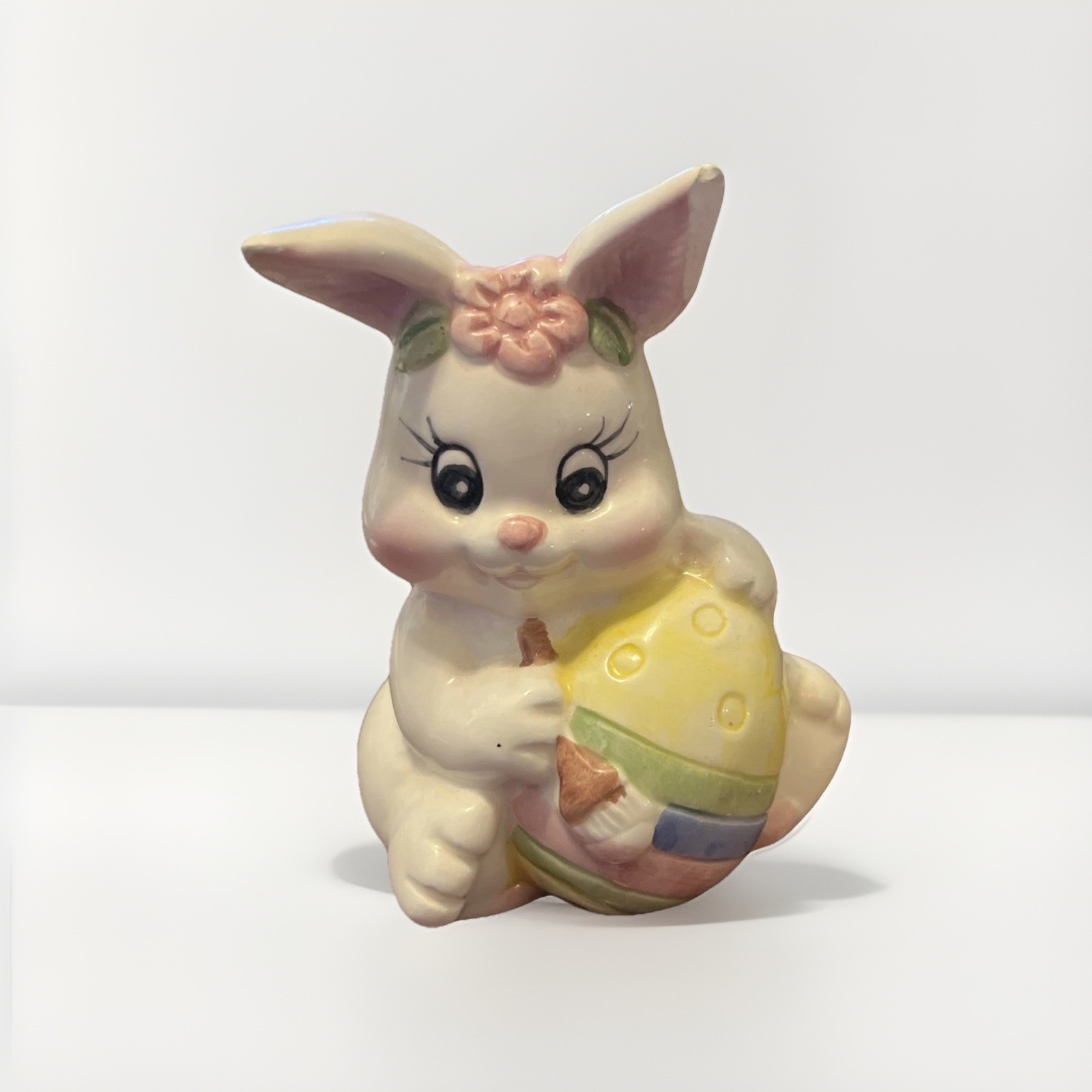 Ceramic Easter Bunny With Easter Egg Figurine 3.5”